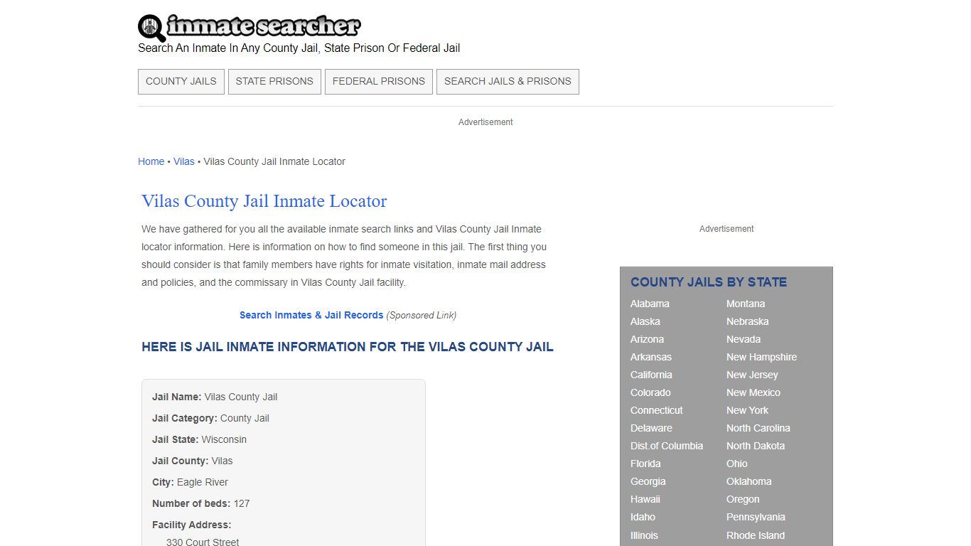 Vilas County Jail Inmate Locator - Inmate Searcher